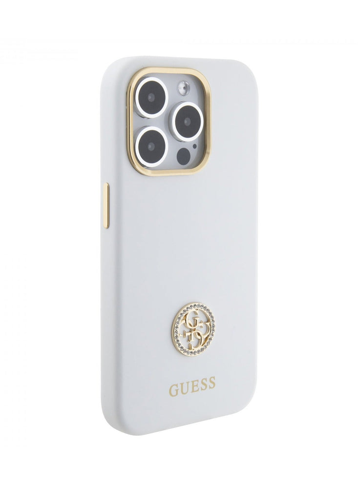 Guess Silicone Case with 4G Strass Logo Case for iPhone 15 Promax - White