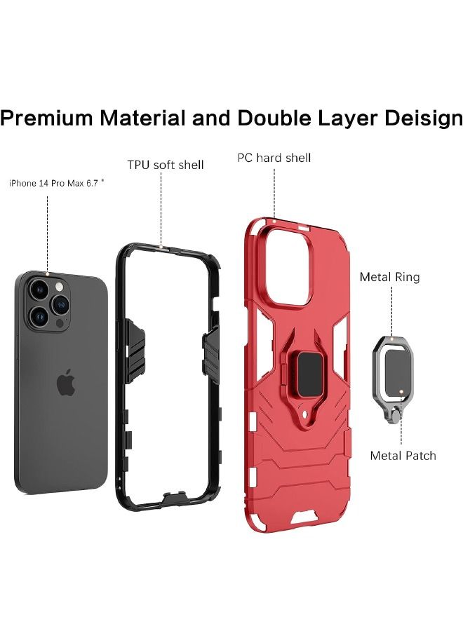 iPhone 15 Pro Max Case, Built-in 360° Rotate Ring Kickstand, Military Grade Shockproof Test, Heavy Duty Shockproof Protective Case Cover for Apple iPhone 15 Pro Max Red