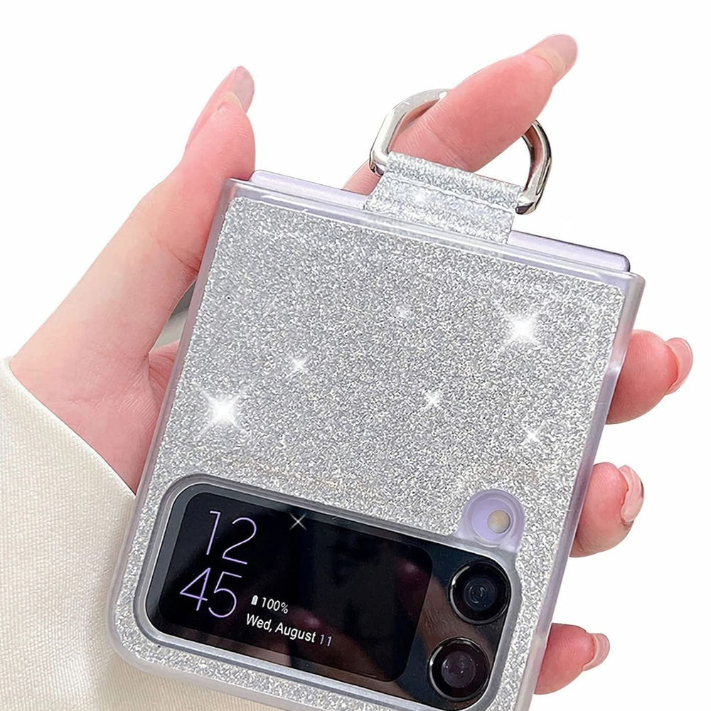 for Galaxy Z Flip 4 5G Case with Ring, Glitter Crystal Bling Sparkly Leather with Slim Fit Hard PC Bumper Protective Cases Cover for Samsung Galaxy Z Flip4 (Silver)