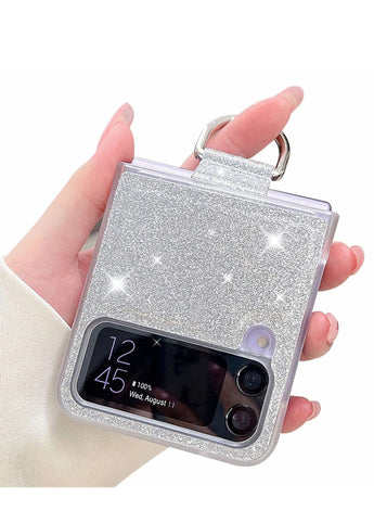 for Galaxy Z Flip 4 5G Case with Ring, Glitter Crystal Bling Sparkly Leather with Slim Fit Hard PC Bumper Protective Cases Cover for Samsung Galaxy Z Flip4 (Silver)