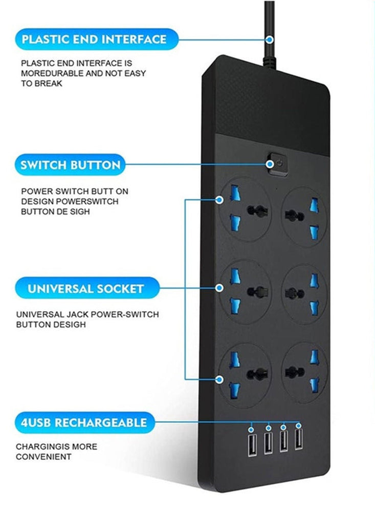 Power Strips Extension Cord 6 Outlets Universal Plug Adapter with 4 USB Ports Surge Protector Charging Socket with 2M Bold Extension Cord