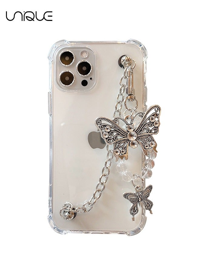 Girls Women Beautiful Elegant Butterfly Transparent Soft Silicone Rubber Phone Case for iPhone 15 Pro Max +Metal Butterfly Strap Bracelet Chain Lanyard Full Body Strong Protection