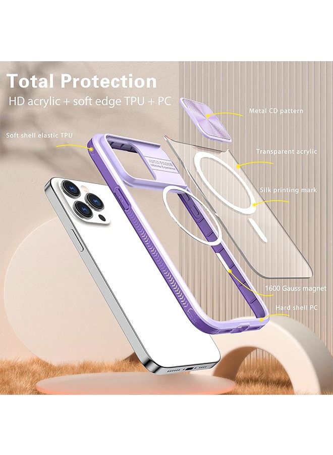 Case for iPhone 14 Pro Max Compatible with Magsafe with Camera Cover Slide,Military Grade Shock Resistant Heavy Duty Clear Hard Back Protective Case (Purple)