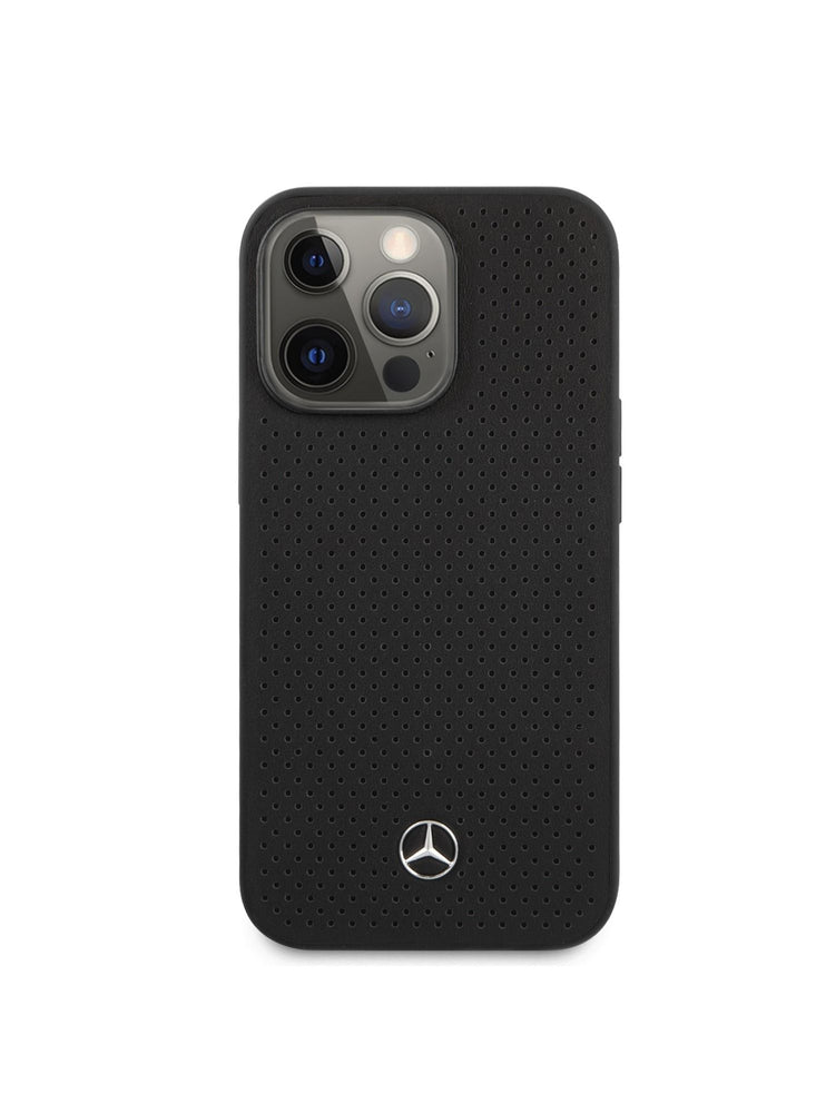 Mercedes-Benz iPhone 14 Pro Max Genuine Leather Hard Case With Perforated Metal Star Logo, Scratch & Drop Protection, Easy Snap-On, Slim Profile - Black