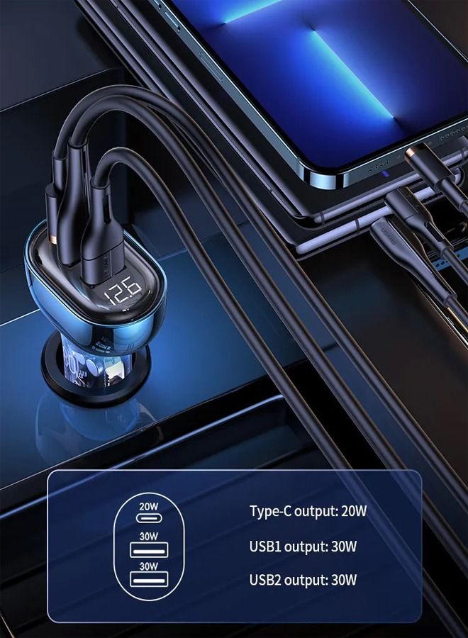 Transparent Car Charger 80W 3 Port USB Type-c Car Charger Portable Mobile Phone Travel Fast Car Charger Blue