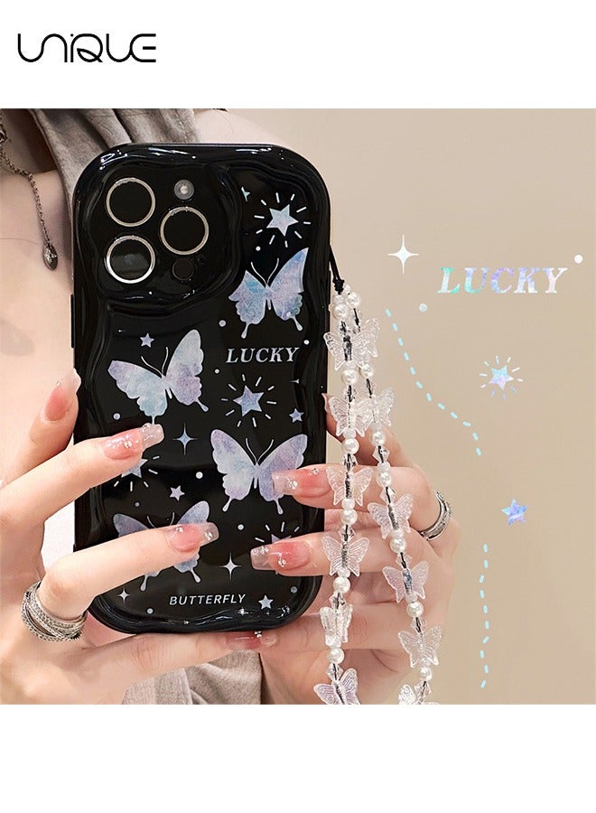 For iPhone 15 Pro Max Phone Case - Laser Butterfly Phone Case - TPU Protective Case - Shockproof Ultra Thin Phone Case Female Girl, Black / With Lanyard