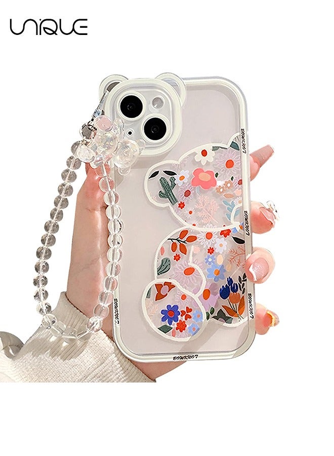 Compatible with iPhone 15 Case, Cute Flowers Bear Camera Protector Clear Case Cover with Lovely Strap Bracelet Chain Girls Women Case for iPhone 15