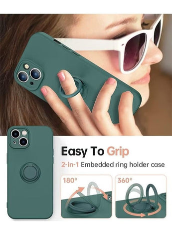 Case For iPhone 15 Case With Ring Stand, 360° Rotatable Ring Holder Magnetic Kickstand, Soft Microfiber Lining Shockproof Rubber Protective Phone Cases Cover For Women Girls, Green