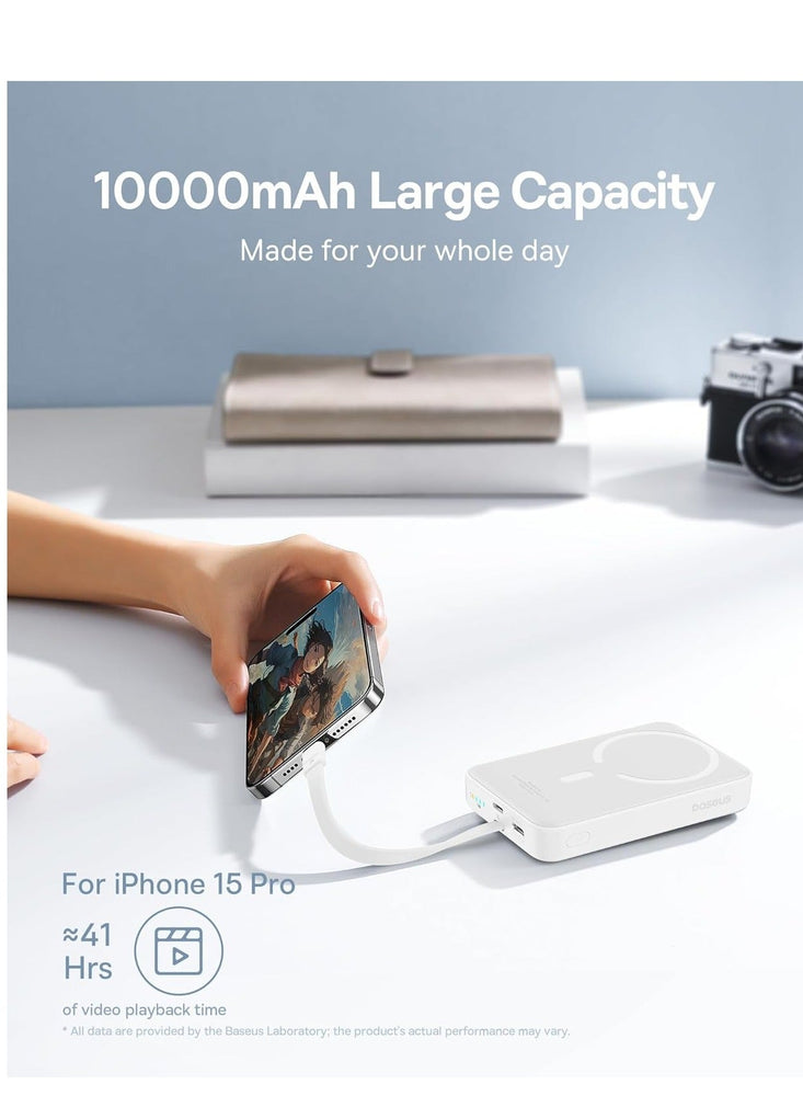 10000 mAh Magnetic Power Bank, PD 30W Portable Charger, 10K Battery Pack With Built-In USB-C Cable (In And Out) For iPhone 15/15 Plus/15 Pro/15 Pro Max/14/13/12, For Magsafe, Galaxy, MacBook iPad Etc White