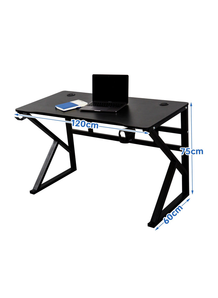 JANTENS Gaming Desk with Double-USB Charge, K-Shaped Office Table Carbon Fiber Surface, Ergonomic Table with Cup Holder, Headphone Hook, Gaming Style Table Black