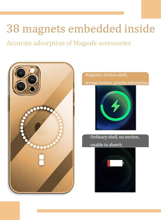 iPhone 14 Pro Max Magnetic Case Support MagSafe Charger Wireless Anti Scratch Shockproof Clear Four Corner Cushion Screen Protector Anti Dropping Full Body Protection Cover Gold