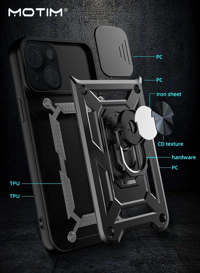 Kickstand Case for iPhone 15, iPhone 15 Case with Slide Lens Cover & Built-in 360° Rotate Ring Stand Magnetic Magnet Protective Phone Cover Case for iPhone 15 6.1 inch 2023