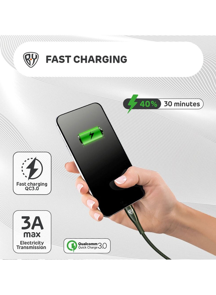 USB C Cable 1M 3A Fast Charging Cable QC3.0 Type C USB Data Transfer Metal Glossy Plug with LED and Strong Cevlar Braid Green Colour