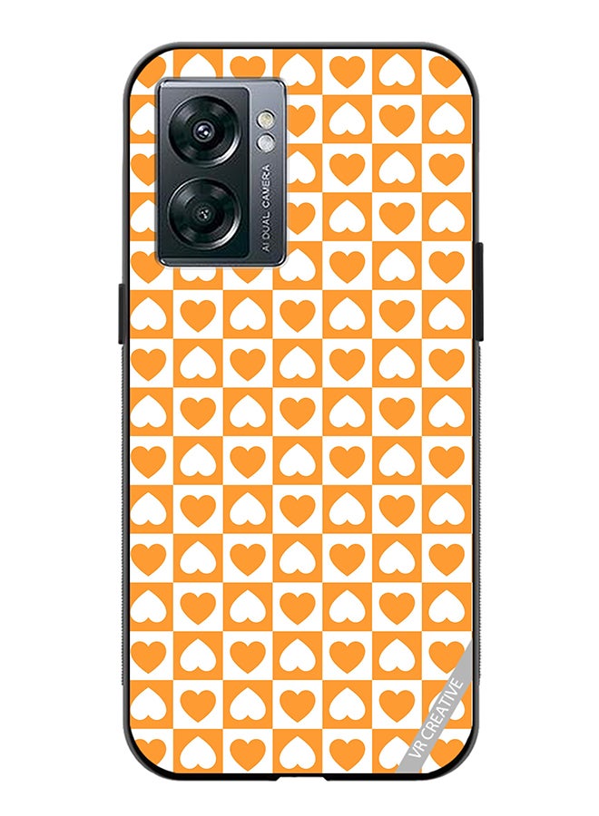 Protective Case Cover For Oppo A57 5G Seamless Pattern With White And Orange Checkerboard And Hearts Design Multicolour