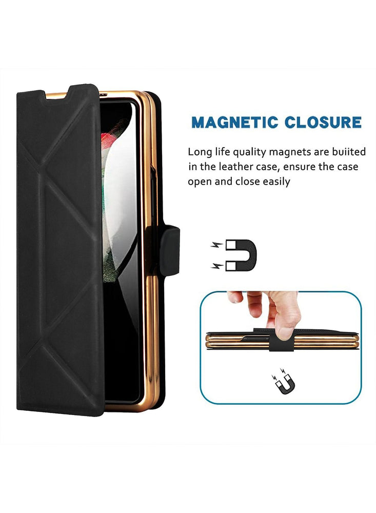 Samsung Galaxy Z Fold 5 Case Cover Luxury Hinge Protection Leather Magnetic Cover Slim Shockproof with Pen Slot Holder Kickstand Anti-Scratch Protective Cover for Samsung Z Fold 5