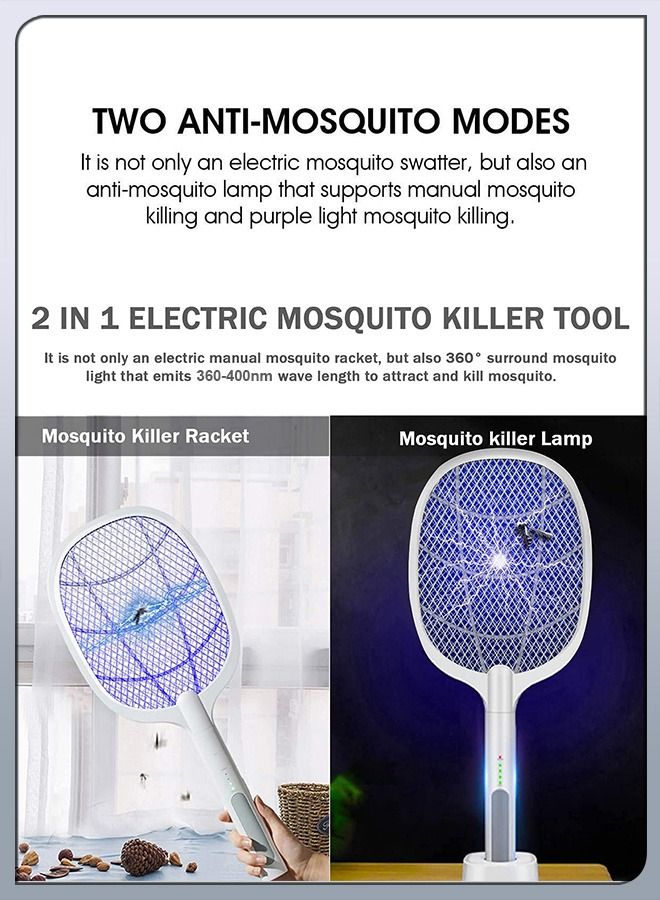 2 In 1 Handheld Electric Fly Swatter Mosquito Killer Bat Mosquitoes Lamp Racket USB Rechargeable Bug Zapper with Grid 3-Layer Mesh for Home and Outdoor Pest Control