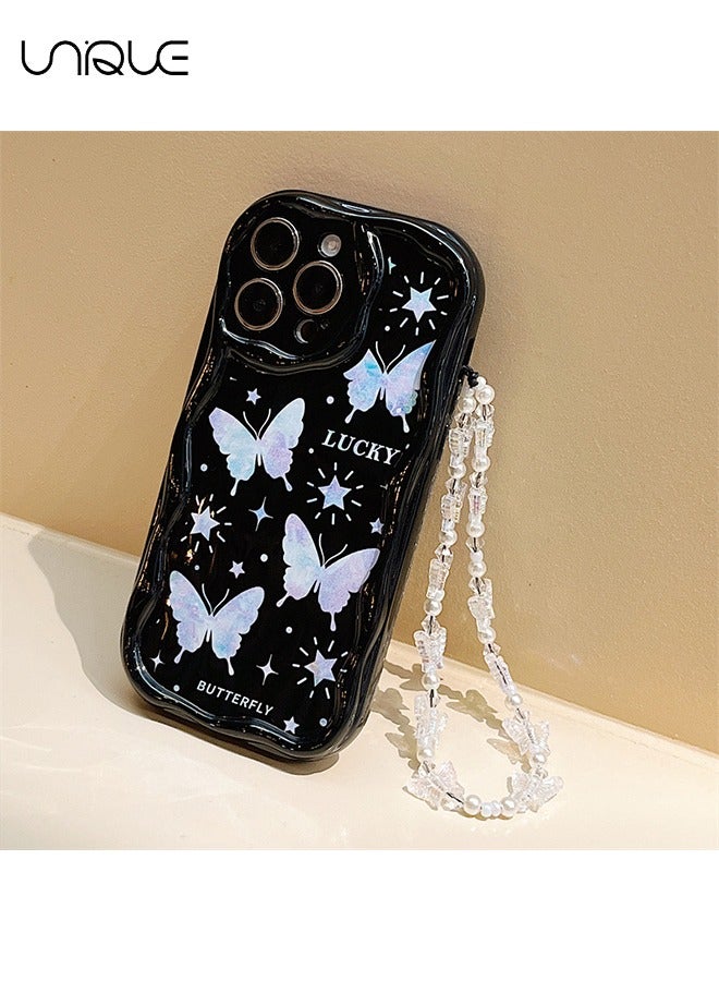 For iPhone 15 Pro Max Phone Case - Laser Butterfly Phone Case - TPU Protective Case - Shockproof Ultra Thin Phone Case Female Girl, Black / With Lanyard