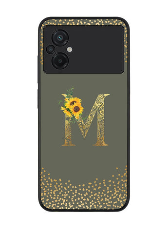 Rugged Black edge case for Xiaomi Poco M5 Slim fit Soft Case Flexible Rubber Edges Anti Drop TPU Gel Thin Cover - Custom Monogram Initial Letter Floral Pattern Alphabet - M (Olive Green )