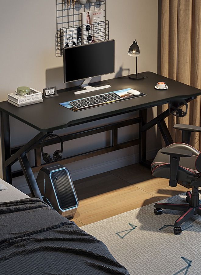 JANTENS Gaming Desk with Double-USB Charge, K-Shaped Office Table Carbon Fiber Surface, Ergonomic Table with Cup Holder, Headphone Hook, Gaming Style Table Black