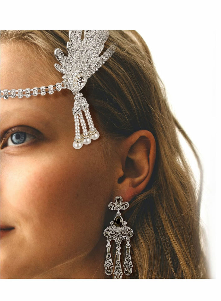 5pcs 1920s Flapper Accessories 20s Gatsby Costume Accessories Set for Women Headband Earrings Pearl Necklace Gloves