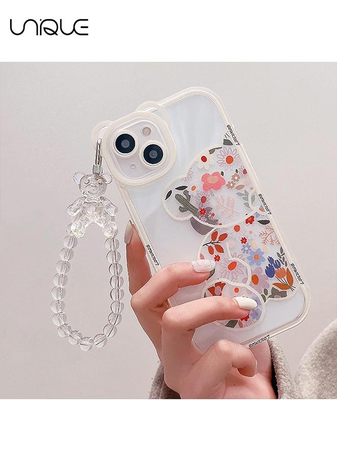 Compatible with iPhone 15 Case, Cute Flowers Bear Camera Protector Clear Case Cover with Lovely Strap Bracelet Chain Girls Women Case for iPhone 15