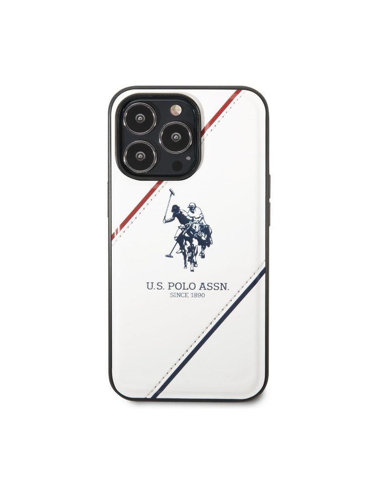 USPA iPhone 14 Pro Max PU Leather Case With Embossed Double Line & Horse Logo, Full Protection, Easy Snap-On & Slim Profile - White