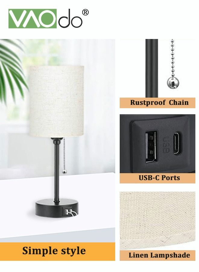 Bedroom Lamps 3 Color Temperatures with USB C and A Ports Pull Chain Table Lamps with AC Outlet White Nightstand Lamps with Black Metal Base for Kids Reading