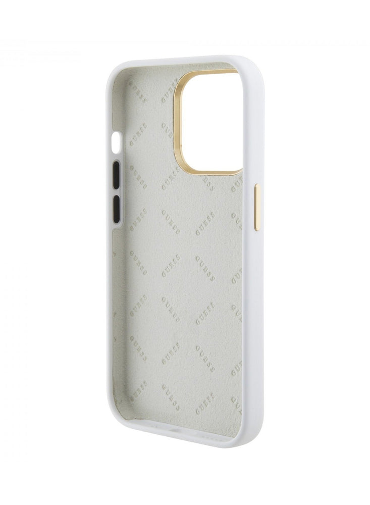 Guess Silicone Case with 4G Strass Logo Case for iPhone 15 Promax - White