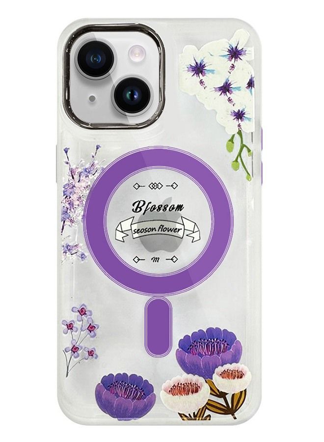 Case for Apple iPhone 14 PLUS Romantique Floral Design Fashion Flower Compatible with MagSafe & Wireless Charging Cover PURPLE