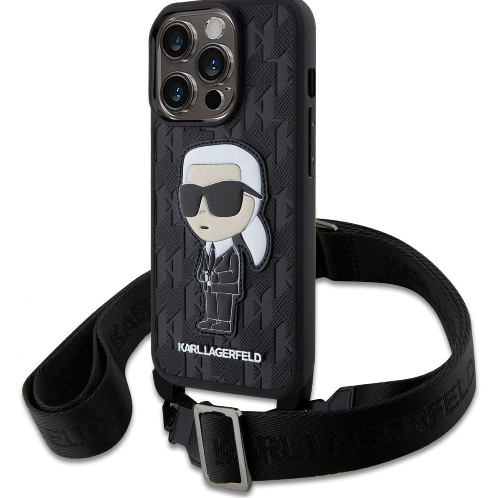 Karl Lagerfeld Crossbody Monogram IKonIK NFT Hard Case for iPhone 15 Pro Max -Black