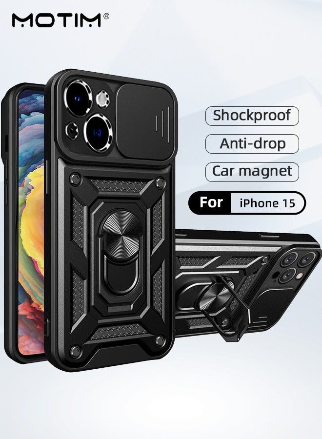 Kickstand Case for iPhone 15, iPhone 15 Case with Slide Lens Cover & Built-in 360° Rotate Ring Stand Magnetic Magnet Protective Phone Cover Case for iPhone 15 6.1 inch 2023