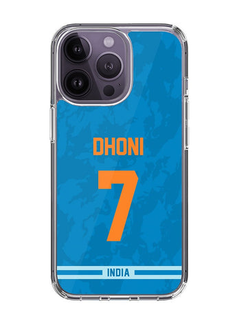 Classic Clear Case for iPhone 14 Pro , Hybrid Soft Case Transparent Cover - Player Name - MS Dhoni, Jersey Number- 7