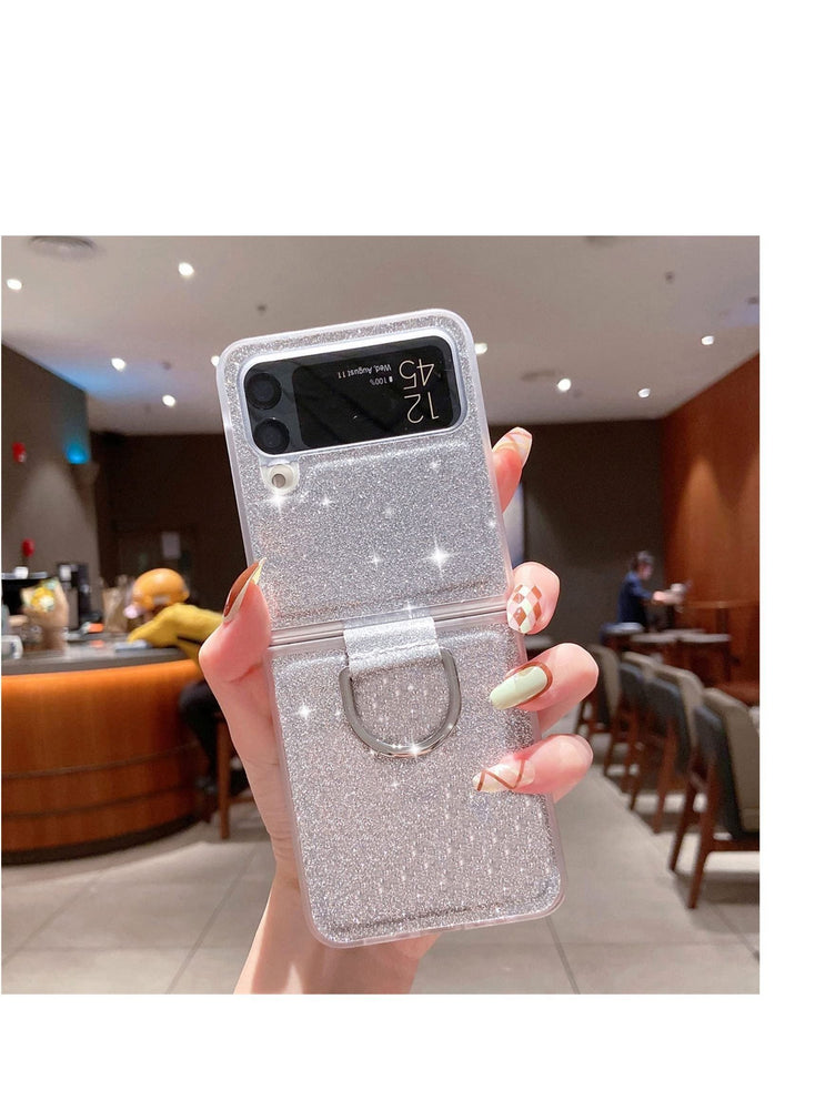 for Galaxy Z Flip 4 5G Case with Ring, Glitter Crystal Bling Sparkly Leather with Slim Fit Hard PC Bumper Protective Cases Cover for Samsung Galaxy Z Flip4 (Silver)