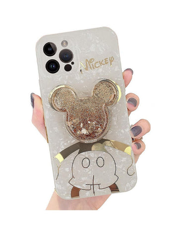 Compatible with iPhone 14 Pro Max Cartoon Case, Mickey Mouse with Quicksand Cell Phone Holder Strap Soft TPU Shockproof Protective White