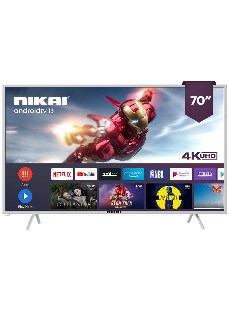 70 Inch Smart LED TV, Frameless Design, Built-In Wi-Fi, Smart Apps Shahid, YouTube, Netflix, Amazon, HDMI And USB Connectivity, Quad-Core, 1GB RAM, 8 GB Memory, Auto Power Off UHD70SLED Silver/Black