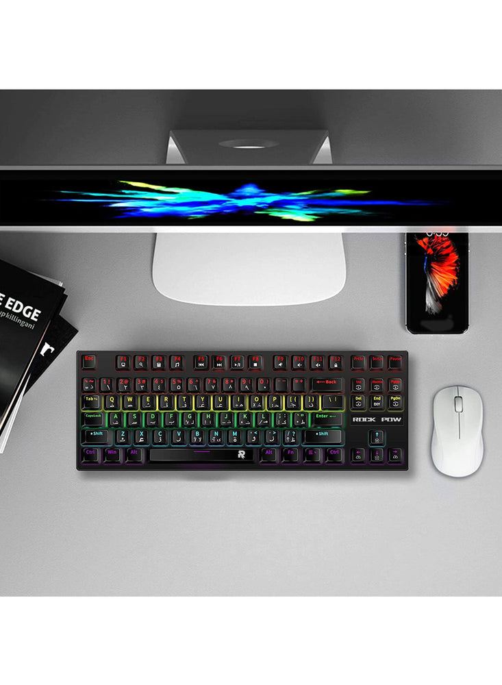 English Arabic Mechanical Gaming Keyboard with RGB LED Rainbow Backlit Quick Response USB Wired E-sport Waterproof 87 Keys Keyboard for Windows/MacOS/Android PC Gamers