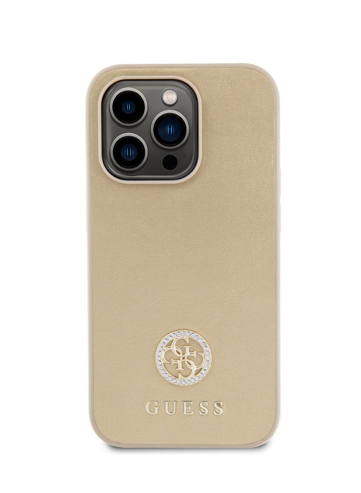 Guess PU Case with Metal 4G Strass Logo for iPhone 15 Promax - Gold