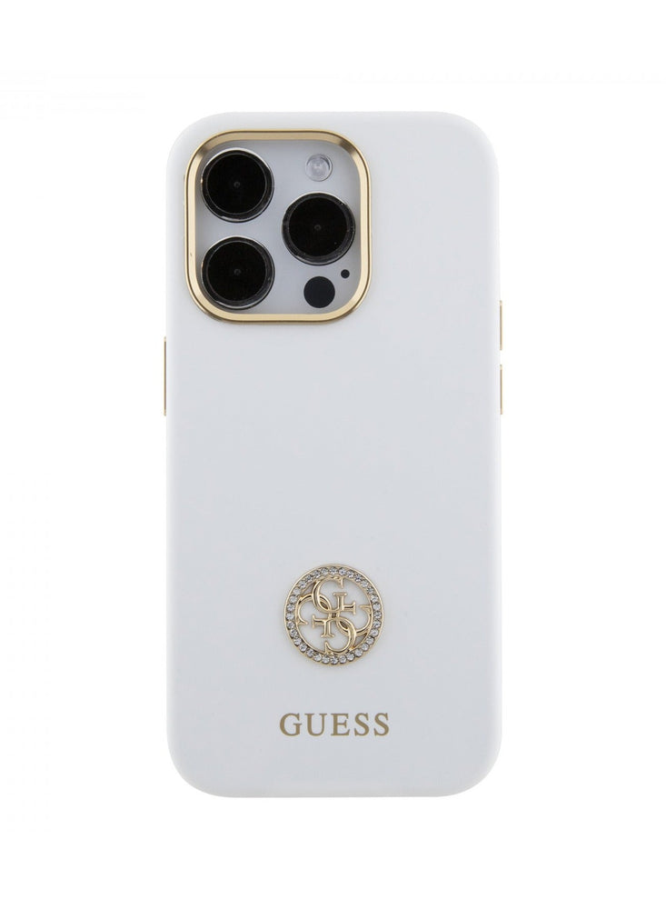 Guess Silicone Case with 4G Strass Logo Case for iPhone 15 Promax - White