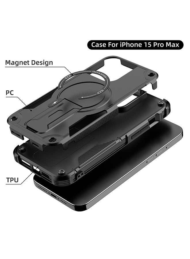 Case For iPhone15 Pro Max Case, Built-in Stand Compatible With MagSafe Military Grade Shockproof Vertical And Horizontal Kickstand Phone Case For iPhone 15 Pro Max - Black