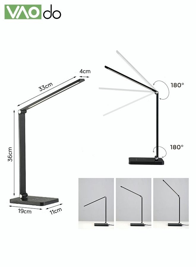 LED Desk Lamp with Dimmable USB Charging Port Touch Controlled Home Desk Lamp Bright Reading Table Lamp 3 Color Modern Eye Light Natural Light Task Lamp Black