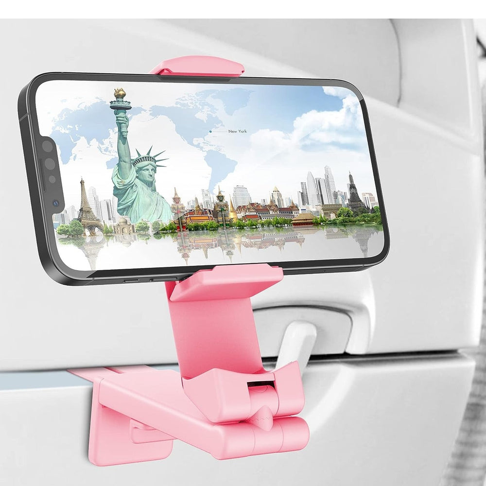 Universal Airplane in Flight Phone Mount. Handsfree Mobile Holder for Desk with Multi-Directional Dual 360 Degree Rotation. Pocket Size Travel Essential Accessory for Flying (Pink)