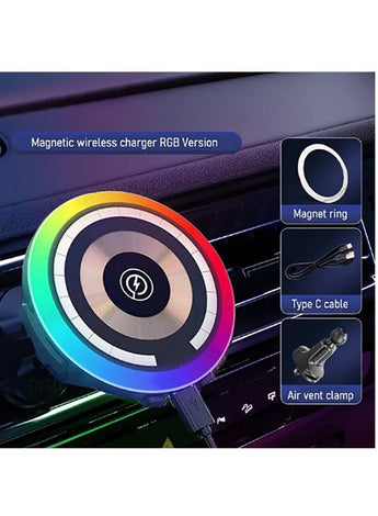 Magnetic Wireless Charger RGB LED Lamp Phone Car Air Vent Holder For iPhone 15 Pro Max 14 13  12Mini Fast Charging Station