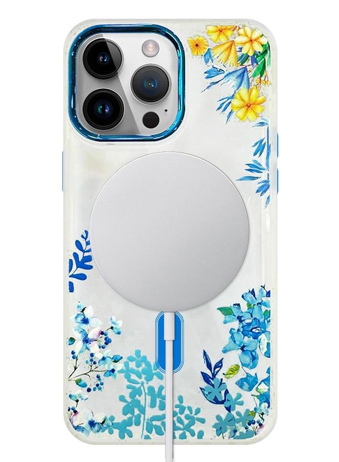 Case for Apple iPhone 14 PRO Romantique Floral Design Fashion Flower Compatible with MagSafe & Wireless Charging Cover BLUE