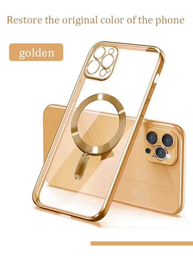 iPhone 14 Pro Max Magnetic Case Support MagSafe Charger Wireless Anti Scratch Shockproof Clear Four Corner Cushion Screen Protector Anti Dropping Full Body Protection Cover Gold