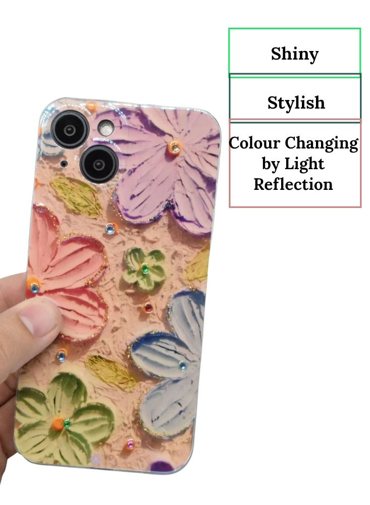 iPhone 14 Plus Cover 6.7 inch with Fashion Luxury Glossy Rhinestones Beautiful Oil Painting Silicone Shockproof Casing Protection Back Cover