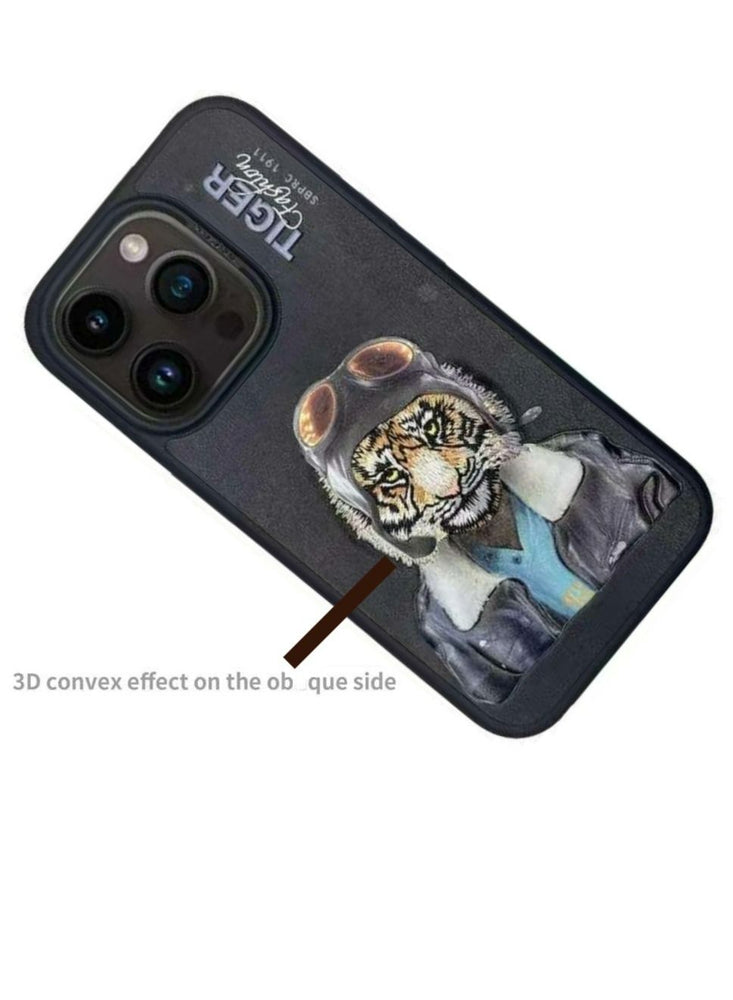 Fergus Tiger Series Leather Phone Case with 3D Rises Letters and Embroidery Design for iPhone 15 Pro Max- Black