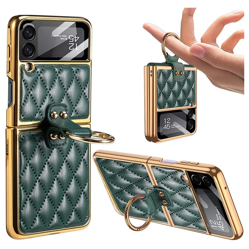 Leather Case / Cover for Samsung Galaxy Z Flip 4 With Stand Ring & Camera Lens Protector - Dark Green Colour