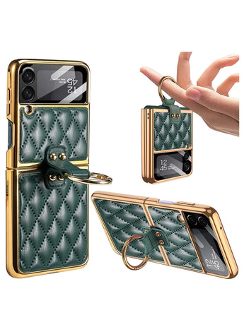 Leather Case / Cover for Samsung Galaxy Z Flip 4 With Stand Ring & Camera Lens Protector - Dark Green Colour