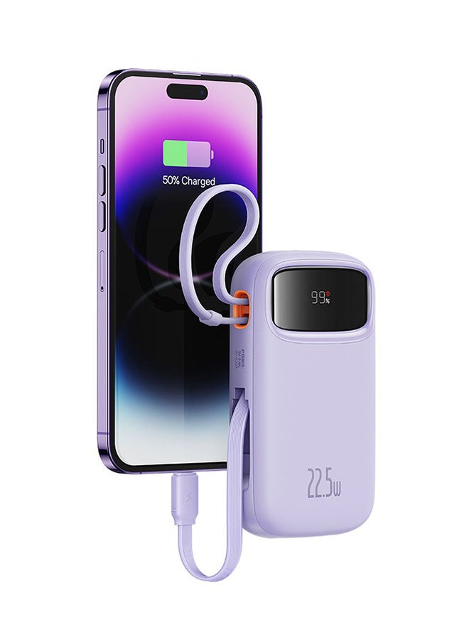 10000 mAh Portable Charger Power Bank, Fast Charging Portable Phone Charger With Built-In Lightning And Usb-C Output Cable, Led Display Battery Pack For Iphone Samsung Android Pixel Ipad Purple