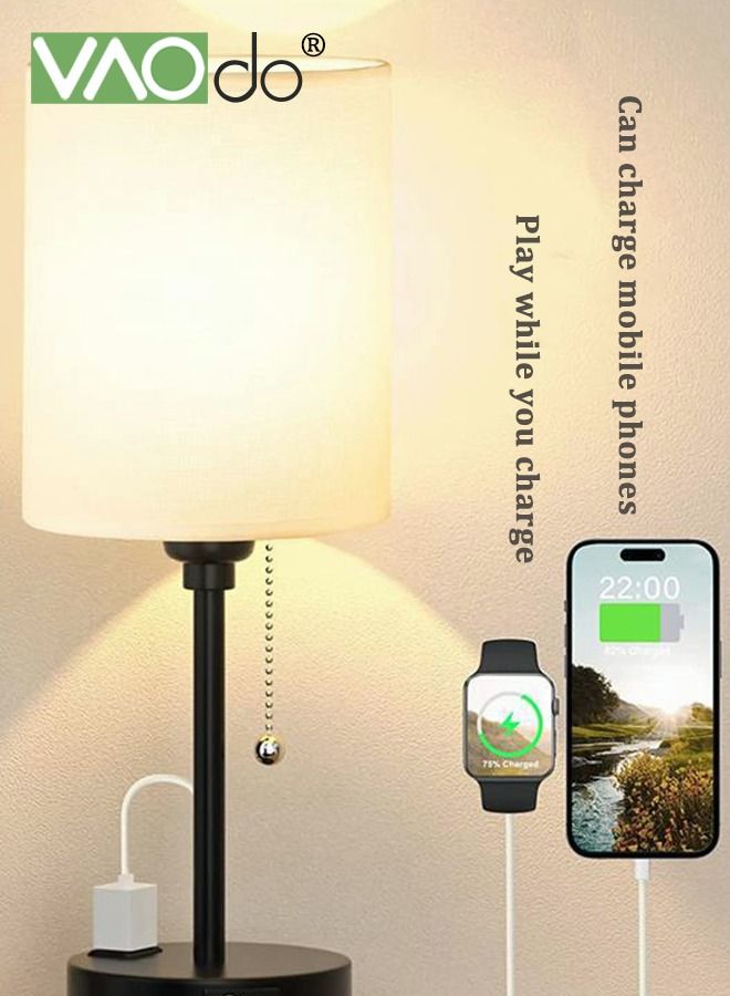 Bedroom Lamps 3 Color Temperatures with USB C and A Ports Pull Chain Table Lamps with AC Outlet White Nightstand Lamps with Black Metal Base for Kids Reading